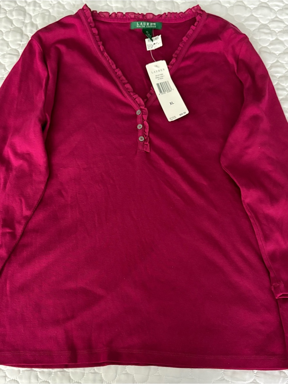 Lauren Ralph Lauren Magenta Ruffle-Trim Henley 3/4 Sleeve top.